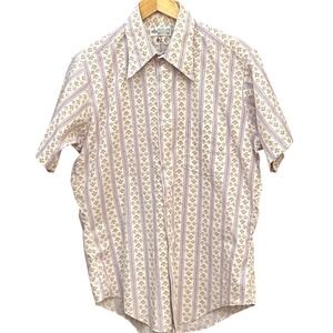 70s Kmart Button Down Shirt Retro Disco Geometric Floral Purple Tan Short Sleeve